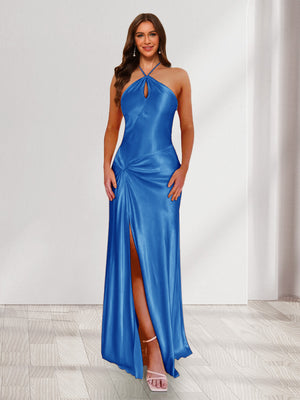 Sheath/Column Halter Keyhole Ruched Long Bridesmaid Dresses with Split Side