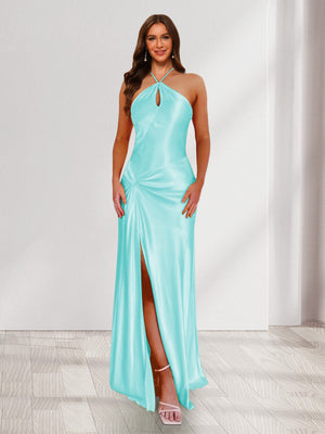 Sheath/Column Halter Keyhole Ruched Long Bridesmaid Dresses with Split Side