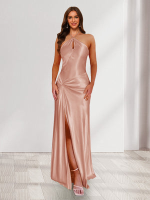 Sheath/Column Halter Keyhole Ruched Long Bridesmaid Dresses with Split Side