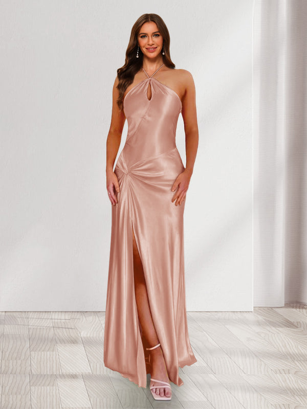 Sheath/Column Halter Keyhole Ruched Long Bridesmaid Dresses with Split Side