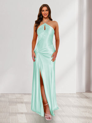 Sheath/Column Halter Keyhole Ruched Long Bridesmaid Dresses with Split Side