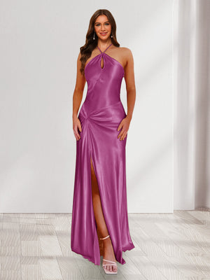 Sheath/Column Halter Keyhole Ruched Long Bridesmaid Dresses with Split Side