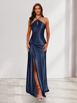 Sheath/Column Halter Keyhole Ruched Long Bridesmaid Dresses with Split Side