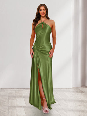 Sheath/Column Halter Keyhole Ruched Long Bridesmaid Dresses with Split Side