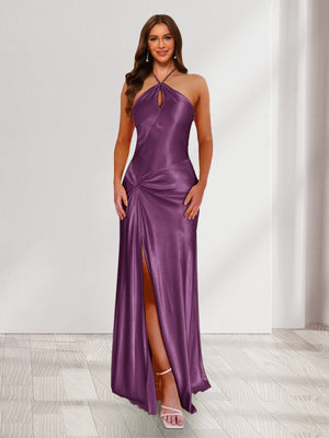Sheath/Column Halter Keyhole Ruched Long Bridesmaid Dresses with Split Side