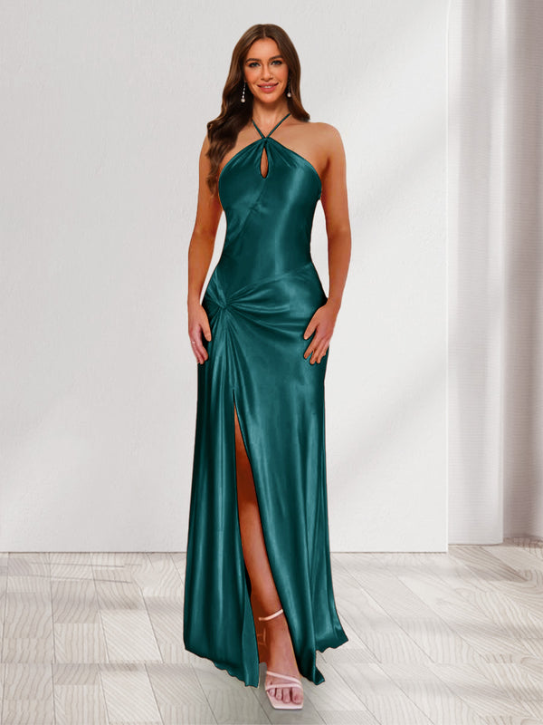 Sheath/Column Halter Keyhole Ruched Long Bridesmaid Dresses with Split Side