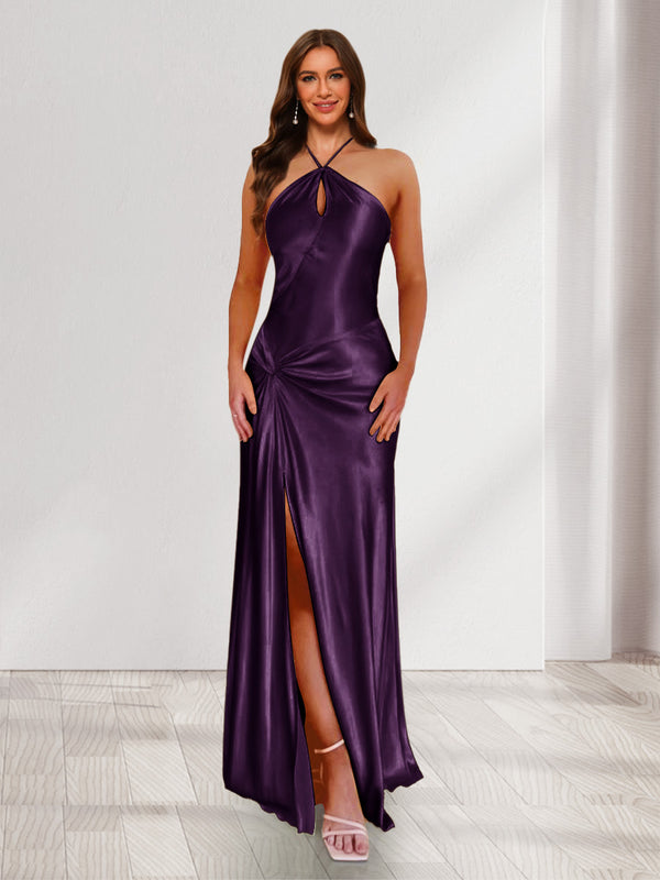 Sheath/Column Halter Keyhole Ruched Long Bridesmaid Dresses with Split Side