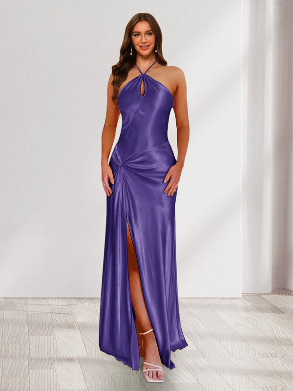 Sheath/Column Halter Keyhole Ruched Long Bridesmaid Dresses with Split Side