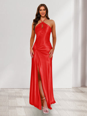 Sheath/Column Halter Keyhole Ruched Long Bridesmaid Dresses with Split Side