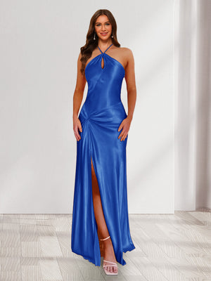 Sheath/Column Halter Keyhole Ruched Long Bridesmaid Dresses with Split Side