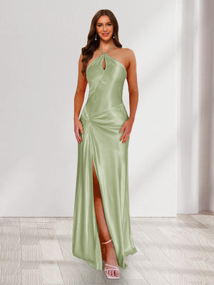 Sheath/Column Halter Keyhole Ruched Long Bridesmaid Dresses with Split Side