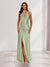 Sheath/Column Halter Keyhole Ruched Long Bridesmaid Dresses with Split Side