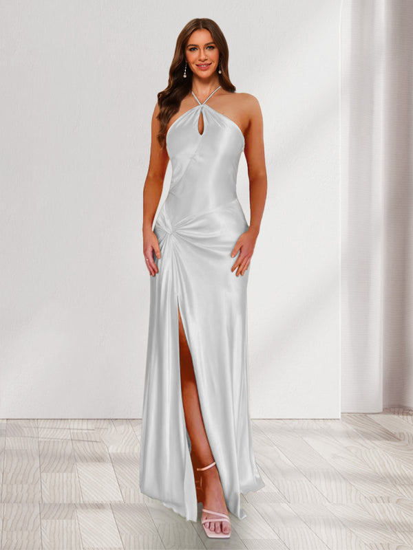 Sheath/Column Halter Keyhole Ruched Long Bridesmaid Dresses with Split Side