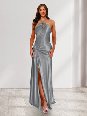 Sheath/Column Halter Keyhole Ruched Long Bridesmaid Dresses with Split Side