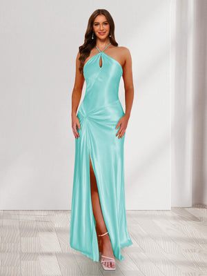 Sheath/Column Halter Keyhole Ruched Long Bridesmaid Dresses with Split Side