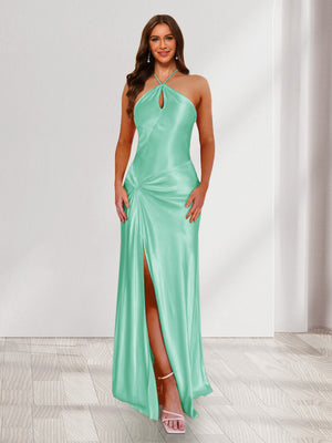 Sheath/Column Halter Keyhole Ruched Long Bridesmaid Dresses with Split Side