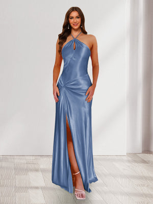 Sheath/Column Halter Keyhole Ruched Long Bridesmaid Dresses with Split Side