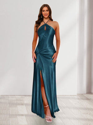 Sheath/Column Halter Keyhole Ruched Long Bridesmaid Dresses with Split Side