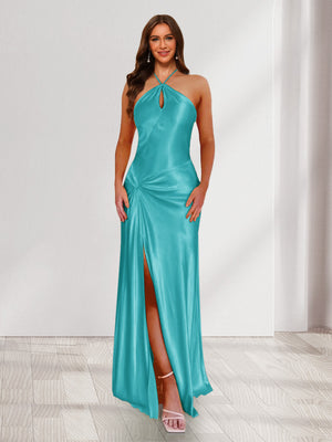 Sheath/Column Halter Keyhole Ruched Long Bridesmaid Dresses with Split Side