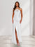 Sheath/Column Halter Keyhole Ruched Long Bridesmaid Dresses with Split Side