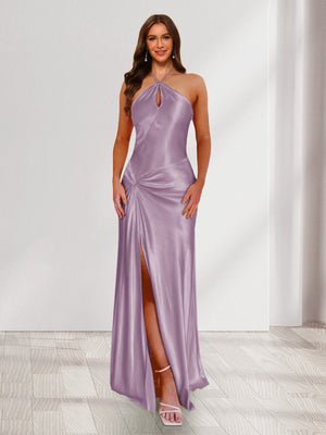 Sheath/Column Halter Keyhole Ruched Long Bridesmaid Dresses with Split Side