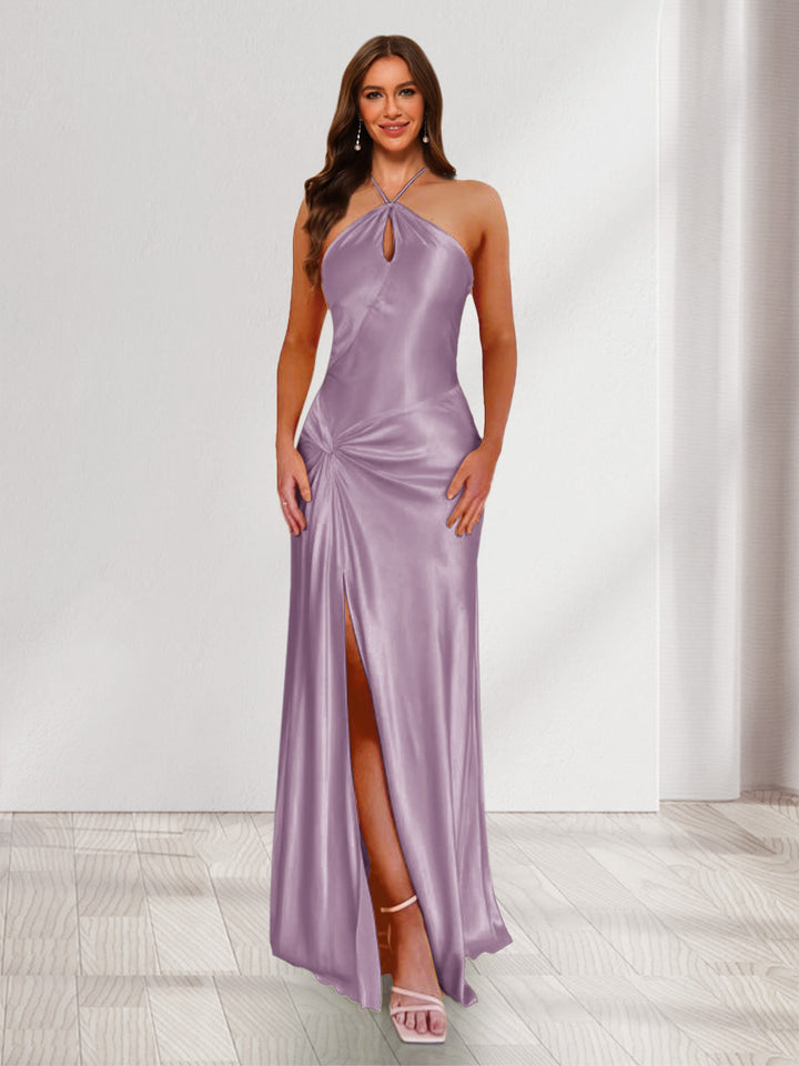 Sheath/Column Halter Keyhole Ruched Long Bridesmaid Dresses with Split Side