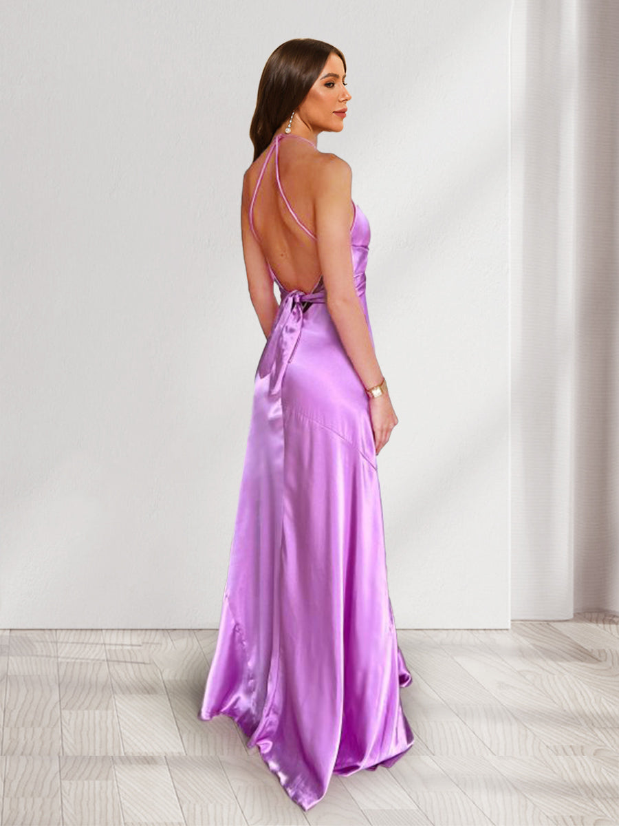 Sheath/Column Straps V-Neck Floor-Length Long Bridesmaid Dresses with Split Side