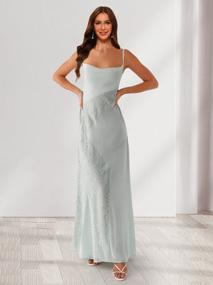Sheath/Column Spaghetti Straps Long Bridesmaid Dresses with Appliques