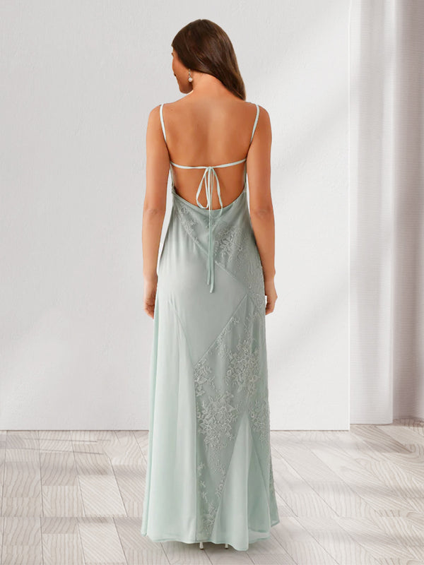Sheath/Column Spaghetti Straps Long Bridesmaid Dresses with Appliques