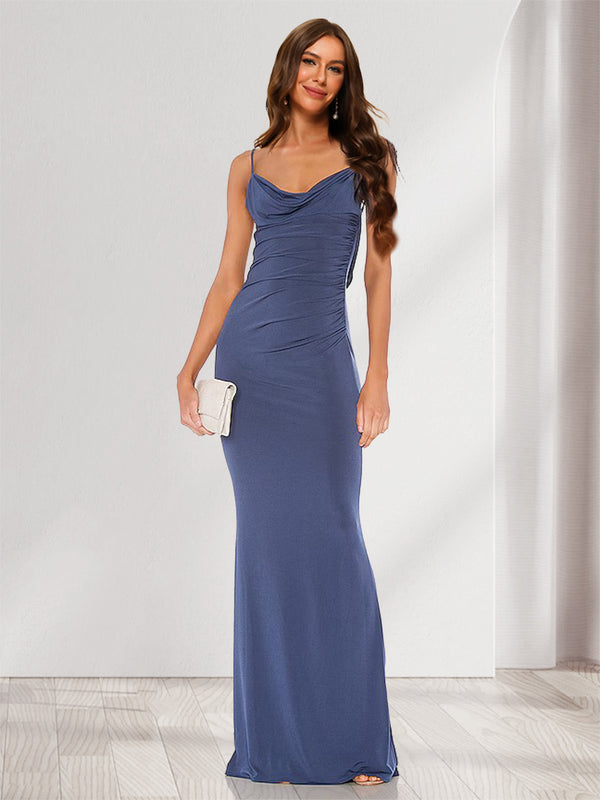 Sheath/Column Straps Cowl Neck Backless Floor-Length Long Bridesmaid Dresses with Lace