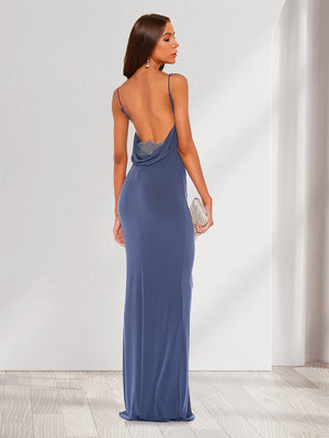 Sheath/Column Straps Cowl Neck Backless Floor-Length Long Bridesmaid Dresses with Lace