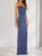 Sheath/Column Straps Cowl Neck Backless Floor-Length Long Bridesmaid Dresses with Lace