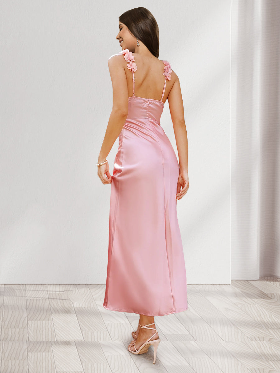 Sheath/Column Straps V-Neck Long Bridesmaid Dresses with Flowers