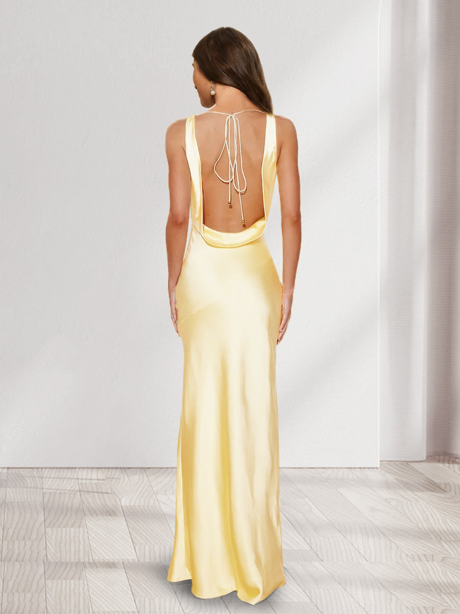 Sheath/Column Cowl Neck Backless Long Bridesmaid Dresses with Tie Straps