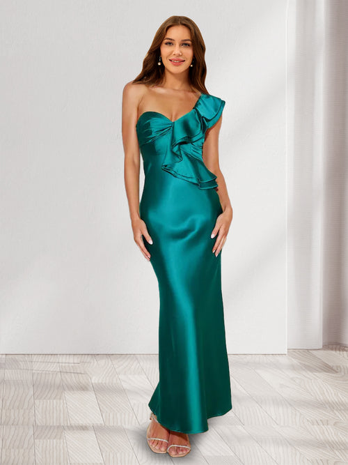 Sheath/Column One-Shoulder Ruffle Long Bridesmaid Dresses