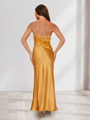 Sheath/Column Fitted Spaghetti Straps Lace Long Bridesmaid Dresses with Split Side