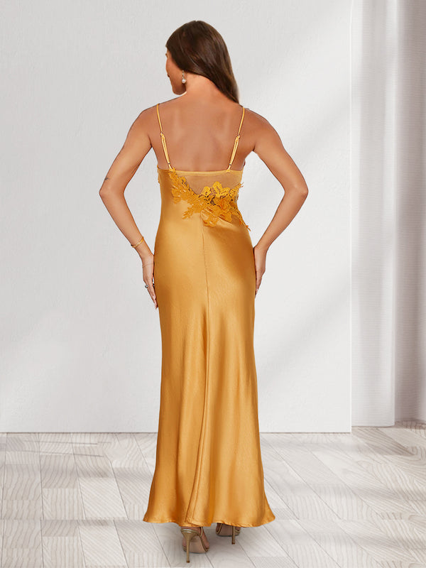 Sheath/Column Fitted Spaghetti Straps Lace Long Bridesmaid Dresses with Split Side