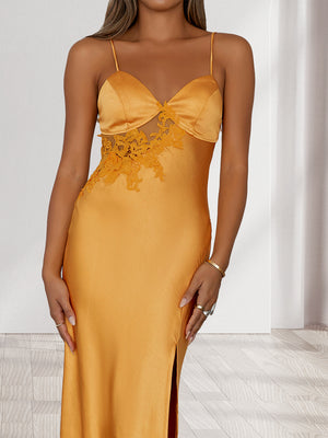 Sheath/Column Fitted Spaghetti Straps Lace Long Bridesmaid Dresses with Split Side