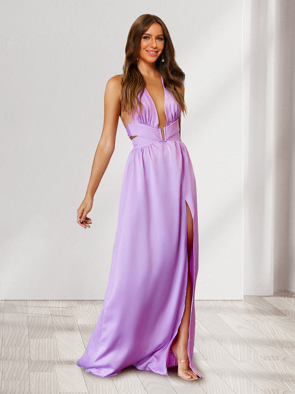 A-Line/Princess Halter Side Cuts Long Wedding Guest Dresses with Slit