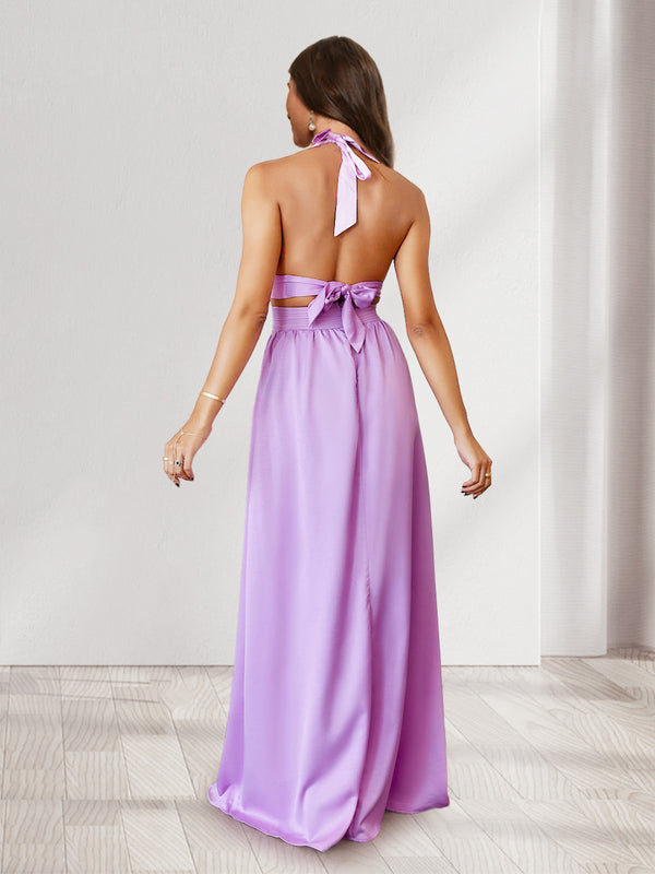 A-Line/Princess Halter Side Cuts Long Wedding Guest Dresses with Slit