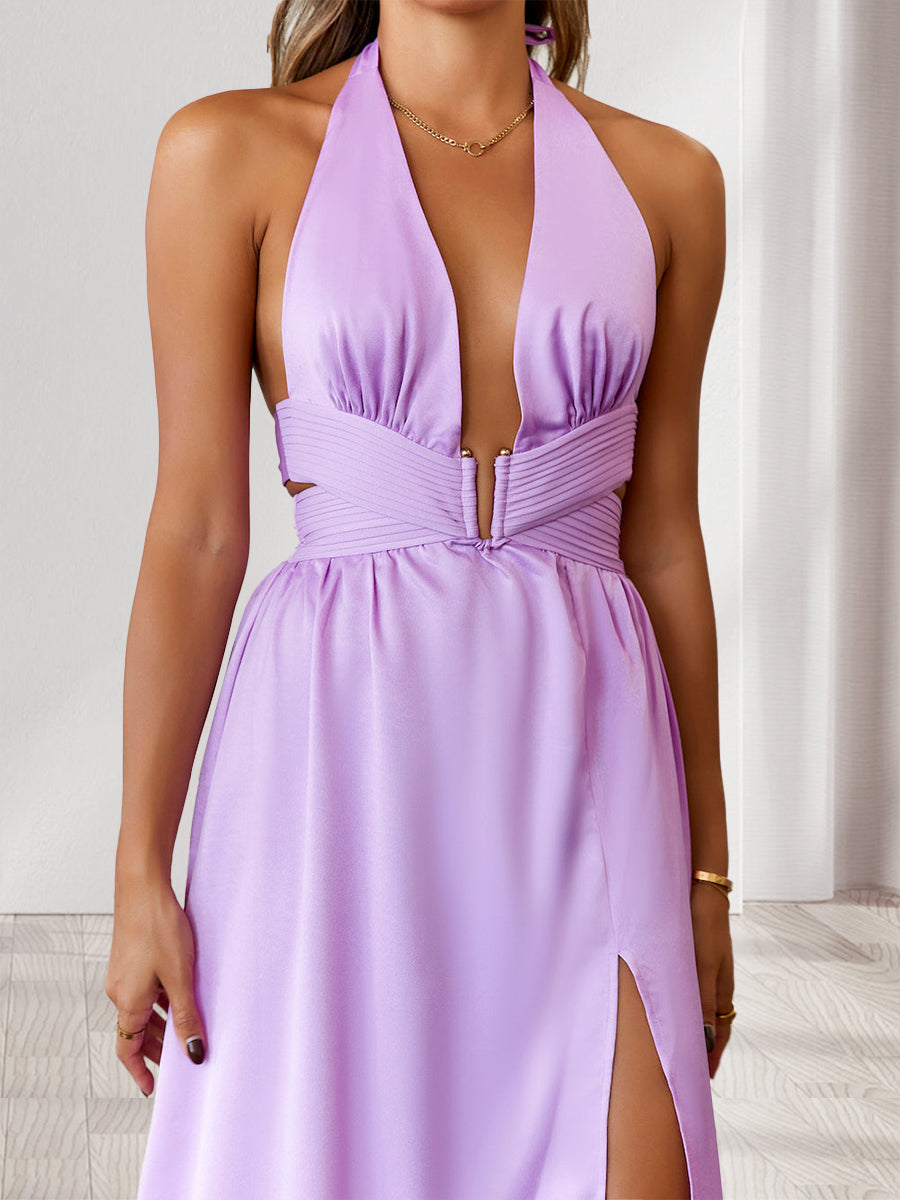 A-Line/Princess Halter Side Cuts Long Wedding Guest Dresses with Slit