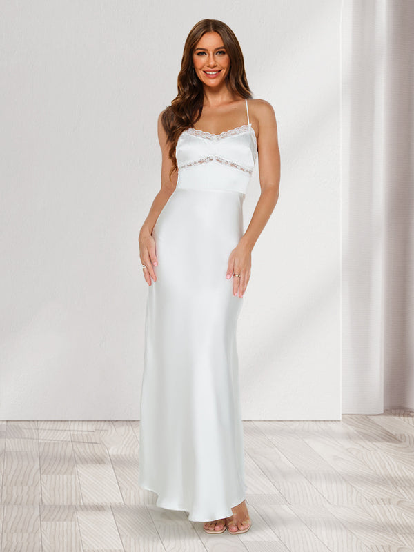 Sheath/Column V-Neck Straps Fitted Long Bridesmaid Dresses with Lace