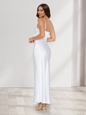 Sheath/Column V-Neck Straps Fitted Long Bridesmaid Dresses with Lace