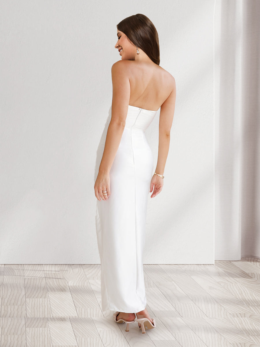 Sheath/Column Strapless Wrap Skirt Tie-Up Fitted Long Wedding Guest Dresses