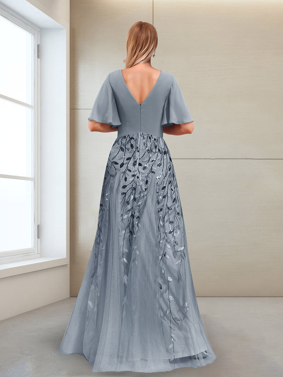 A-Line V-Neck Half Sleeves Split Side Mother of the Bride Dresses with Appliques