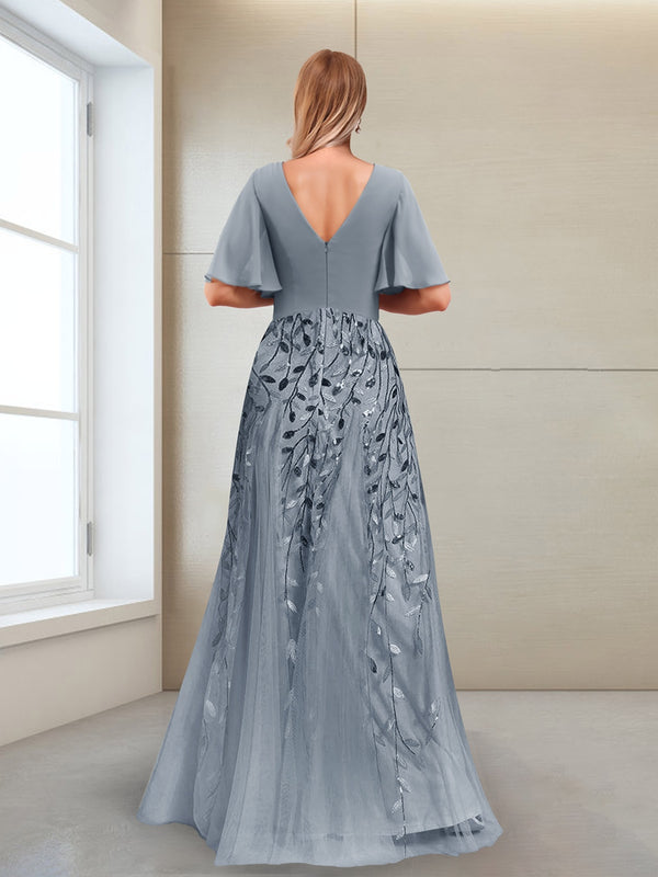 A-Line V-Neck Half Sleeves Split Side Mother of the Bride Dresses with Appliques