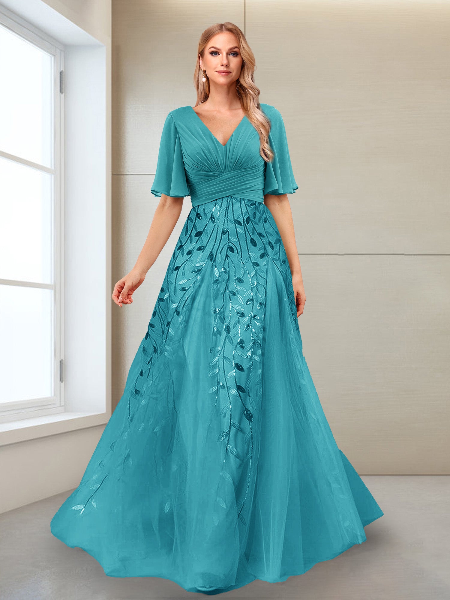 A-Line V-Neck Half Sleeves Mother of the Bride Dresses with Appliques