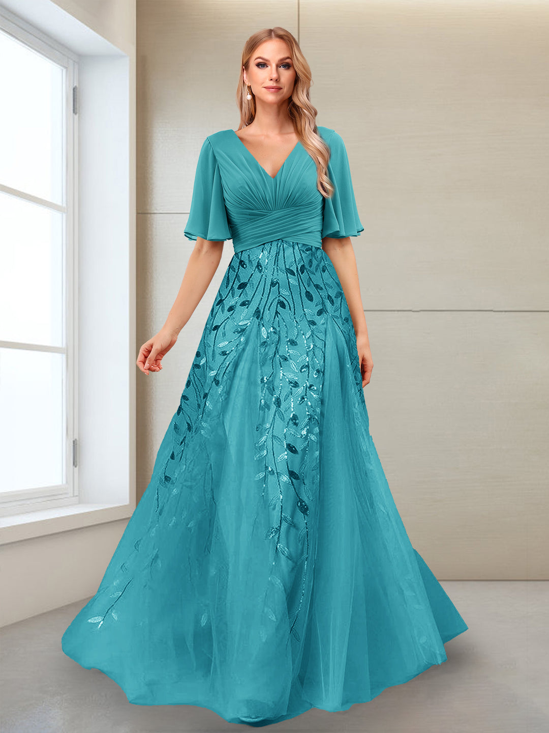 A-Line V-Neck Half Sleeves Mother of the Bride Dresses with Appliques