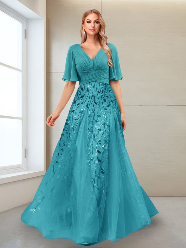A-Line V-Neck Half Sleeves Split Side Mother of the Bride Dresses with Appliques