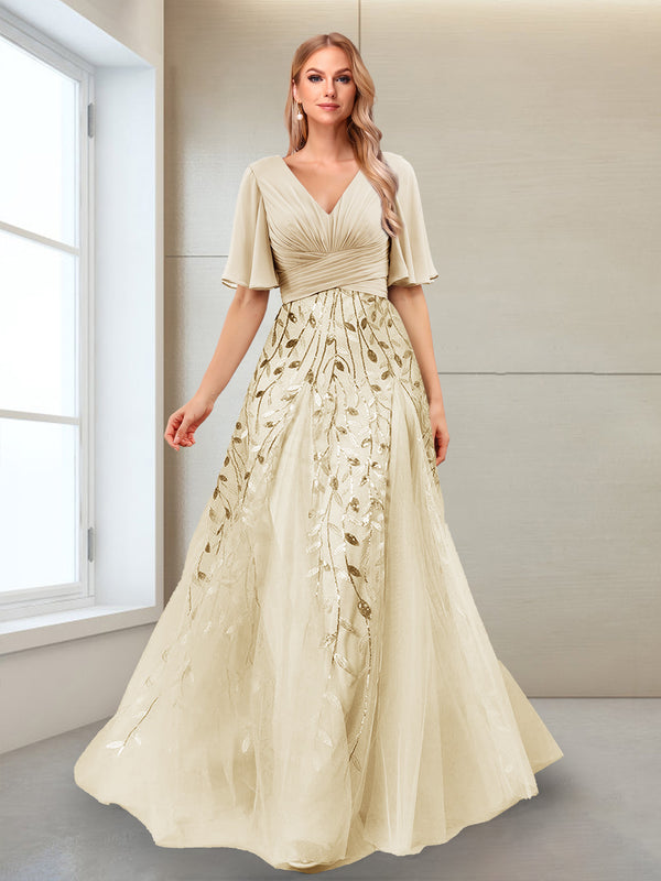A-Line V-Neck Half Sleeves Split Side Mother of the Bride Dresses with Appliques